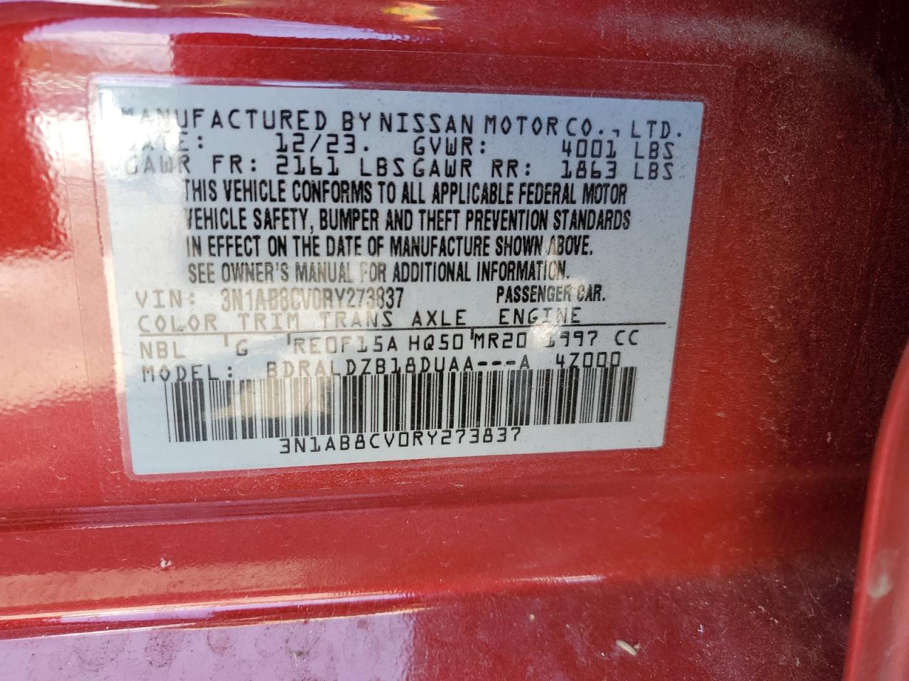 2024 NISSAN SENTRA SV VIN:3N1AB8CV0RY273837