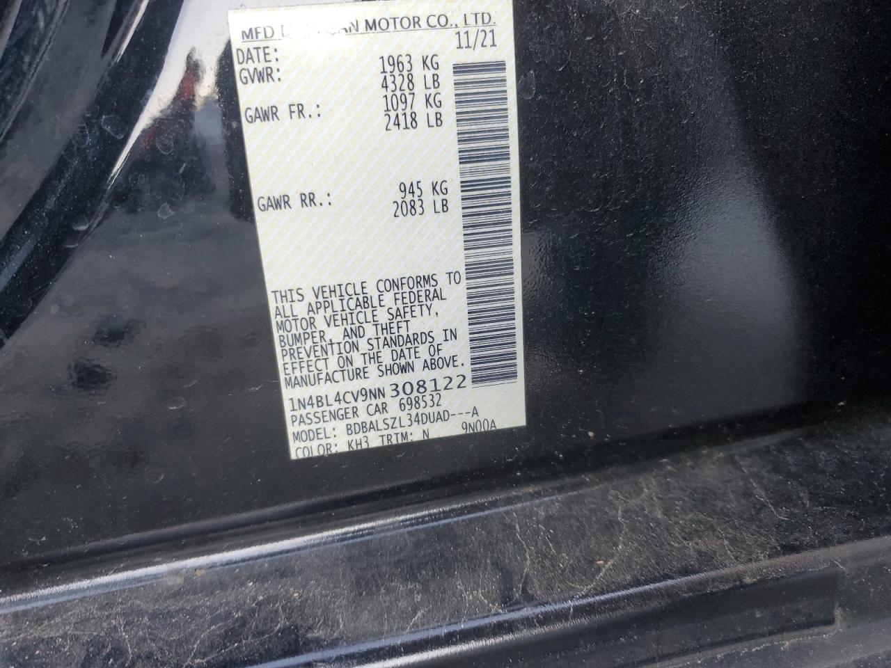 2022 NISSAN ALTIMA SR VIN:1N4BL4CV9NN308122