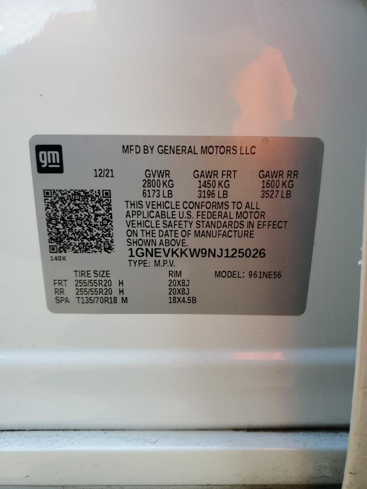 2022 CHEVROLET TRAVERSE PREMIER VIN:1GNEVKKW9NJ125026