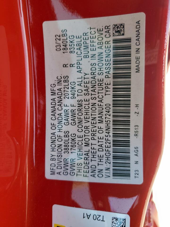 2022 HONDA CIVIC SPORT VIN:2HGFE2F54NH572400