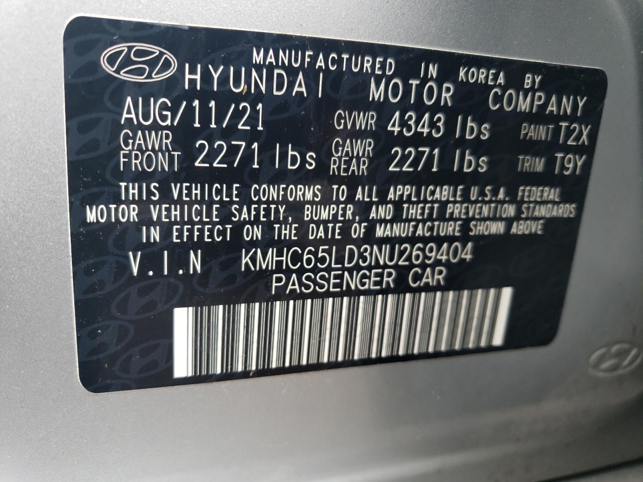 2022 HYUNDAI IONIQ SE VIN:KMHC65LD3NU269404