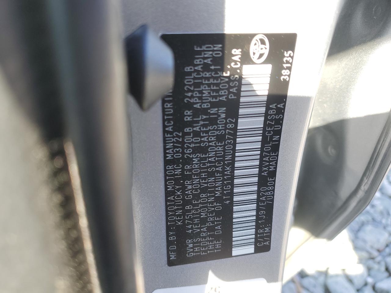 2022 TOYOTA CAMRY SE VIN:4T1G11AK1NU037782