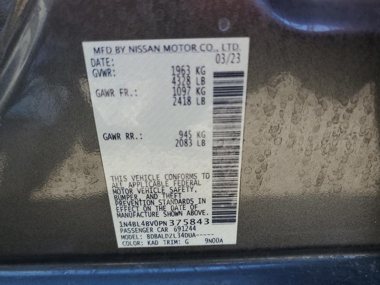 2023 NISSAN ALTIMA S VIN:1N4BL4BV0PN375843