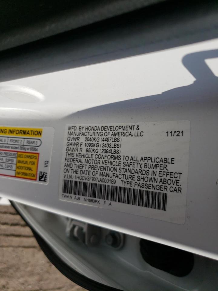 2022 HONDA ACCORD TOURING HYBRID VIN:1HGCV3F9XNA000189