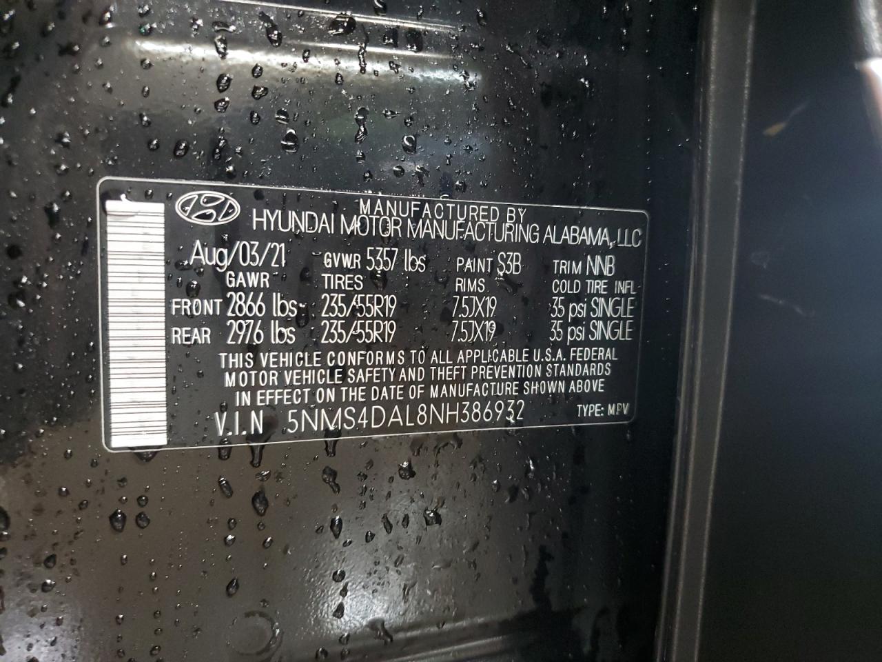 2022 HYUNDAI SANTA FE LIMITED VIN:5NMS4DAL8NH386932