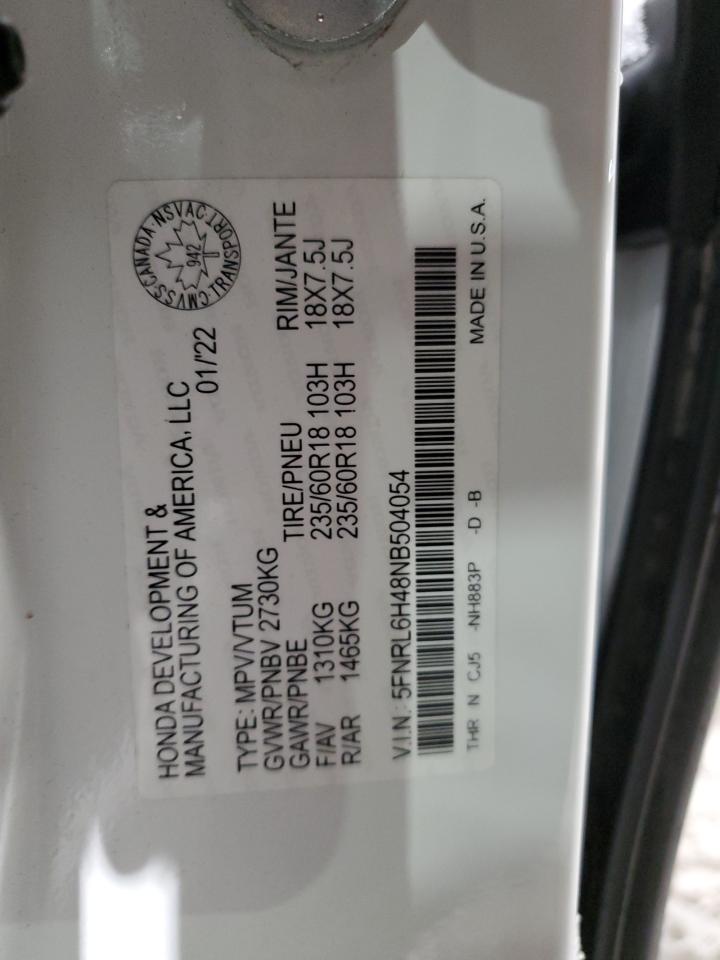 2022 HONDA ODYSSEY EX VIN:5FNRL6H48NB504054