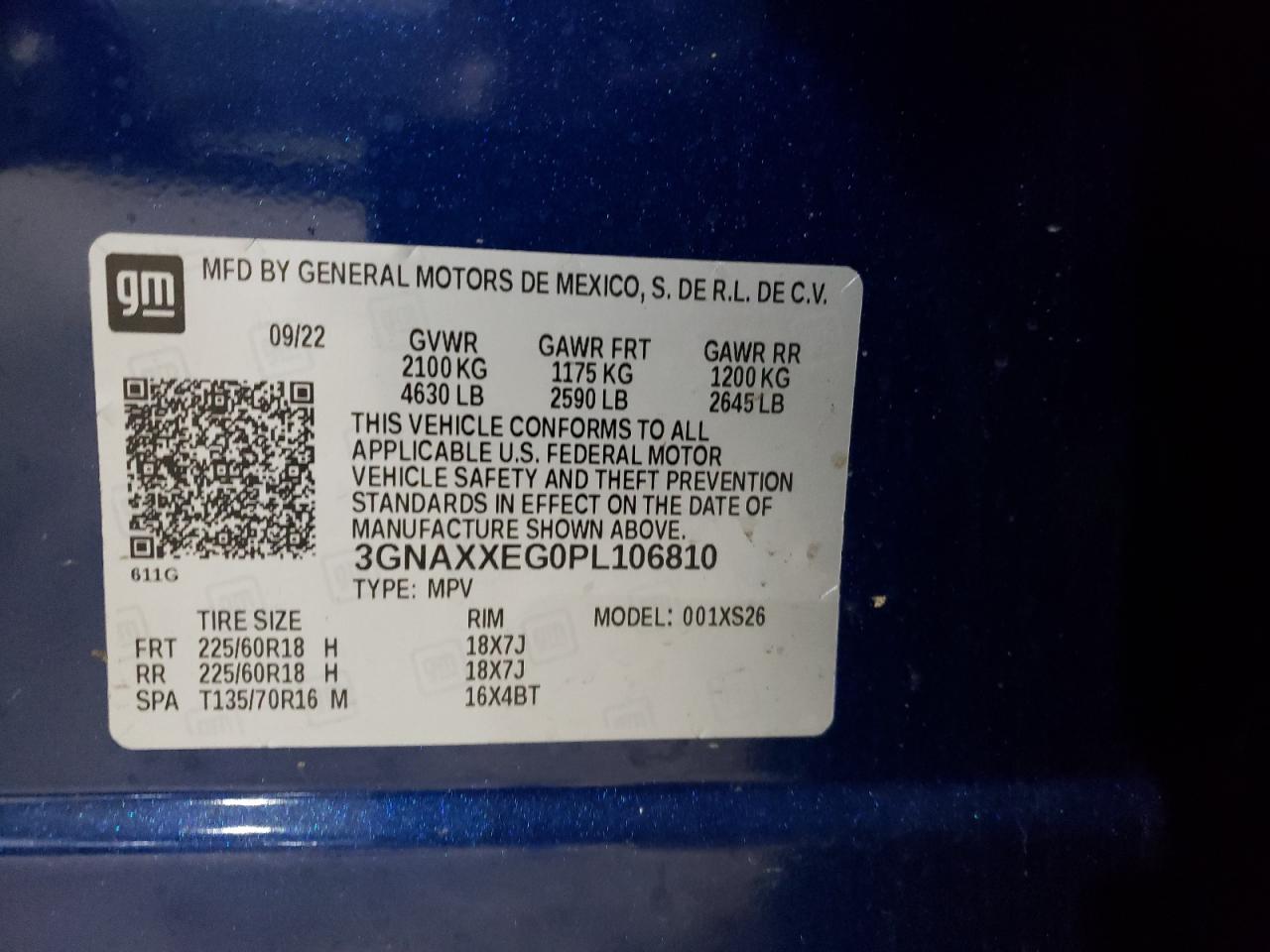 2023 CHEVROLET EQUINOX PREMIER VIN:3GNAXXEG0PL106810