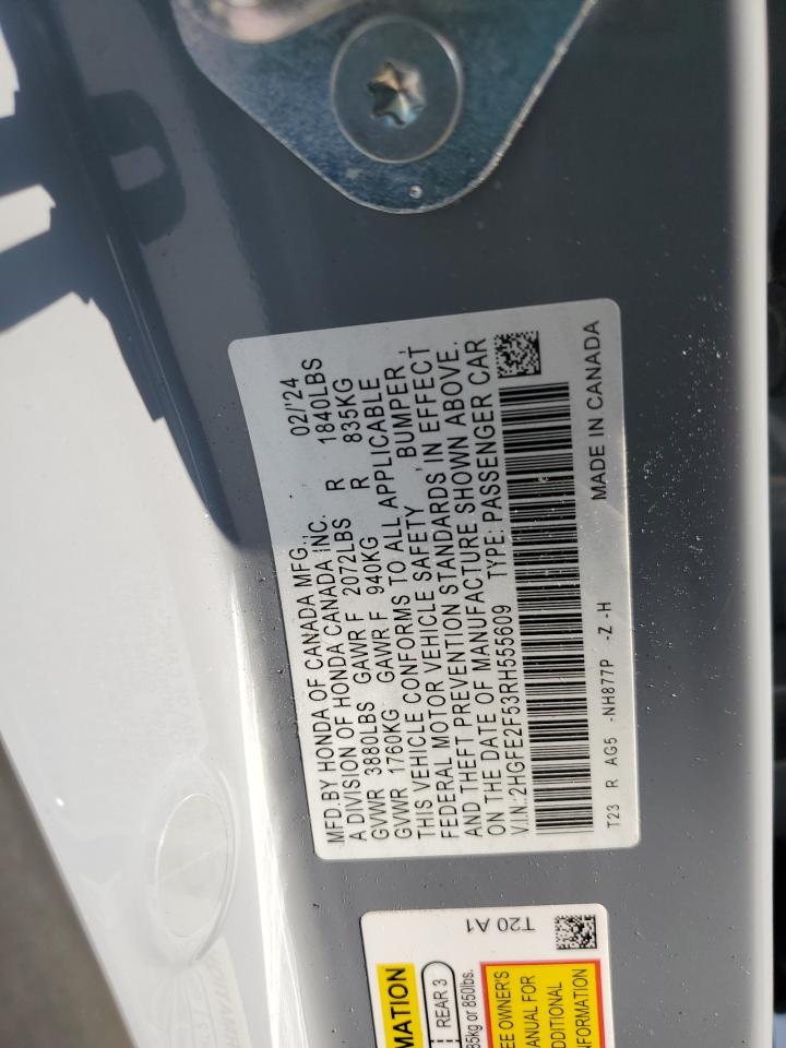 2024 HONDA CIVIC SPORT VIN:2HGFE2F53RH555609