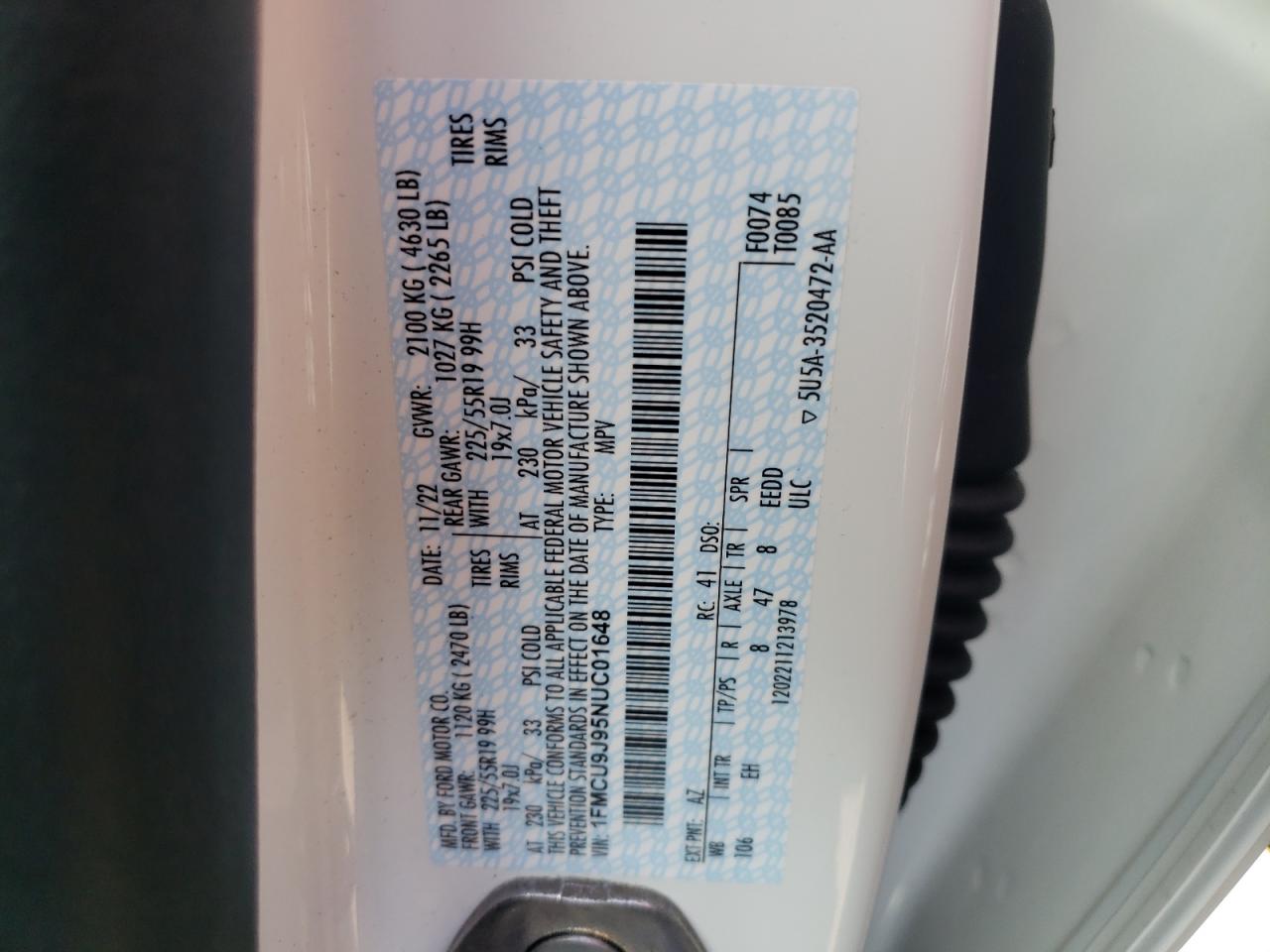 2022 FORD ESCAPE TITANIUM VIN:1FMCU9J95NUC01648