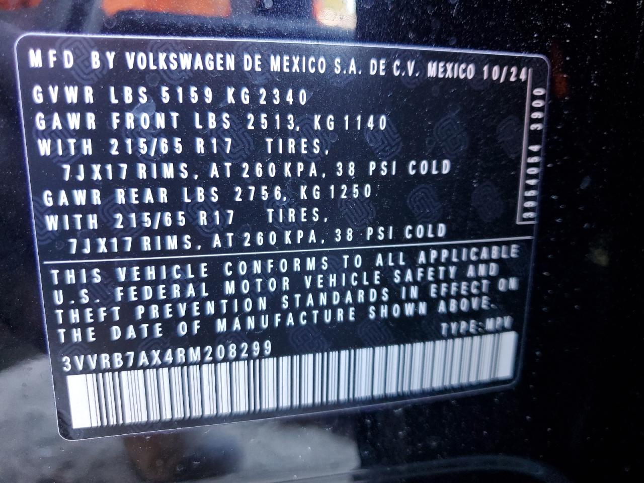 2024 VOLKSWAGEN TIGUAN S VIN:3VVRB7AX4RM208299