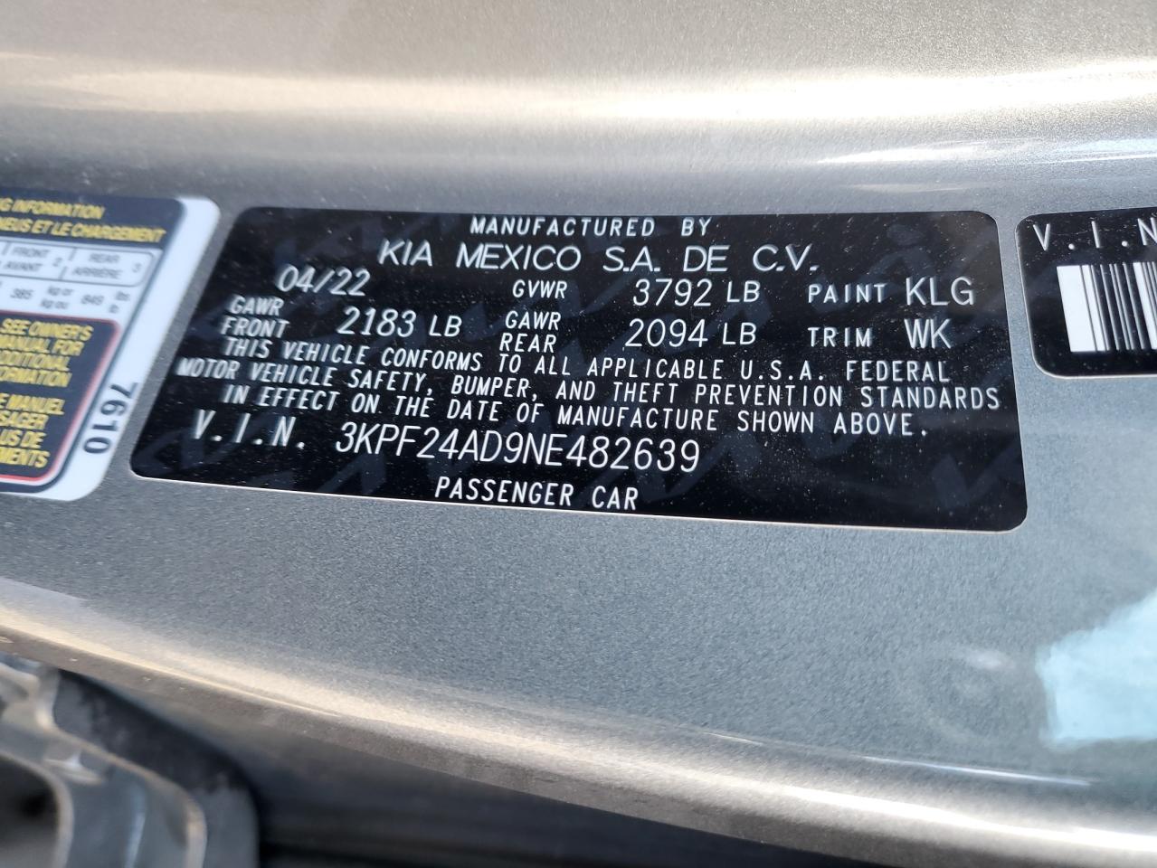 2022 KIA FORTE FE VIN:3KPF24AD9NE482639