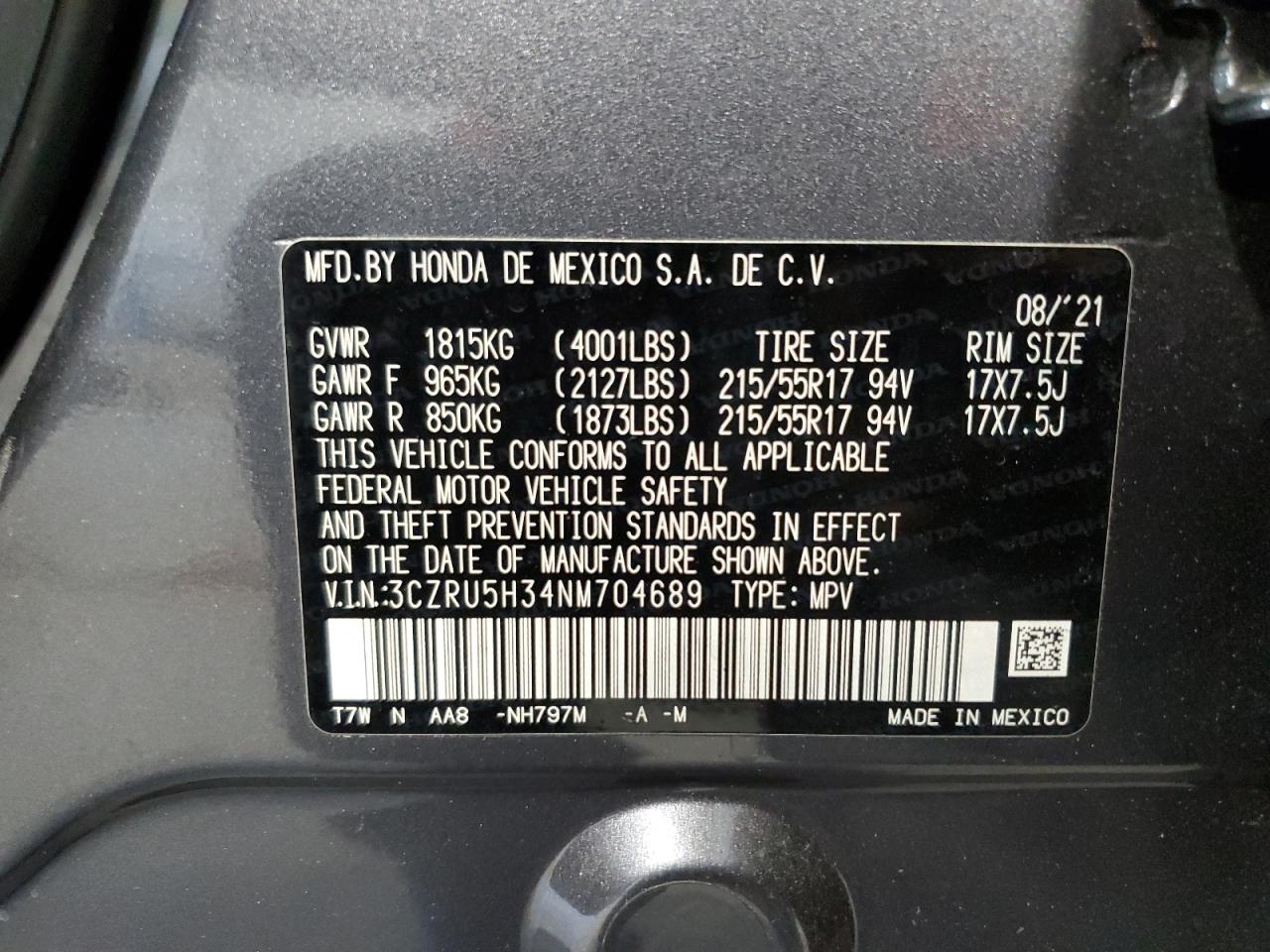 2022 HONDA HR-V LX VIN:3CZRU5H34NM704689