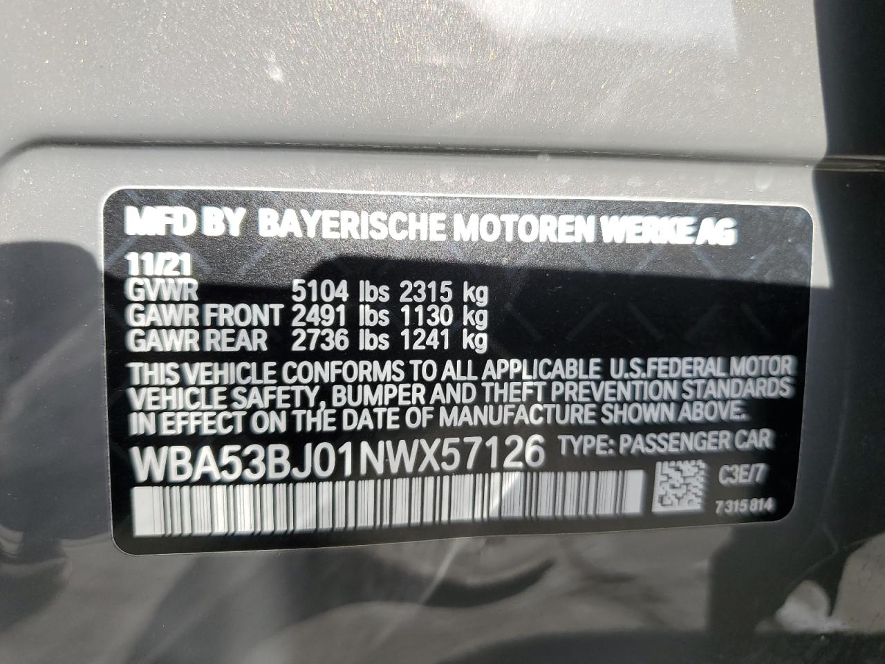 2022 BMW 540 I VIN:WBA53BJ01NWX57126