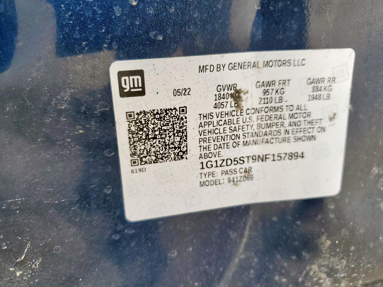 2022 CHEVROLET MALIBU LT VIN:1G1ZD5ST9NF157894