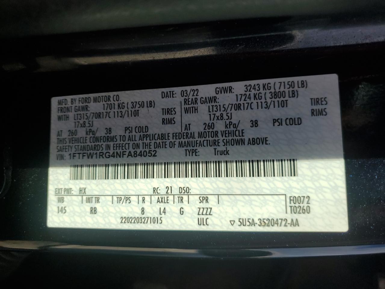 2022 FORD F150 RAPTOR VIN:1FTFW1RG4NFA84052