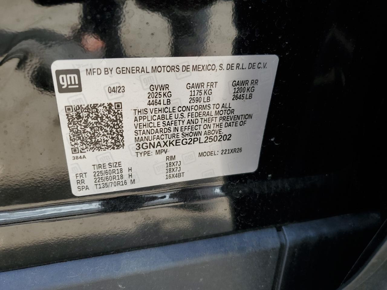 2023 CHEVROLET EQUINOX LT VIN:3GNAXKEG2PL250202