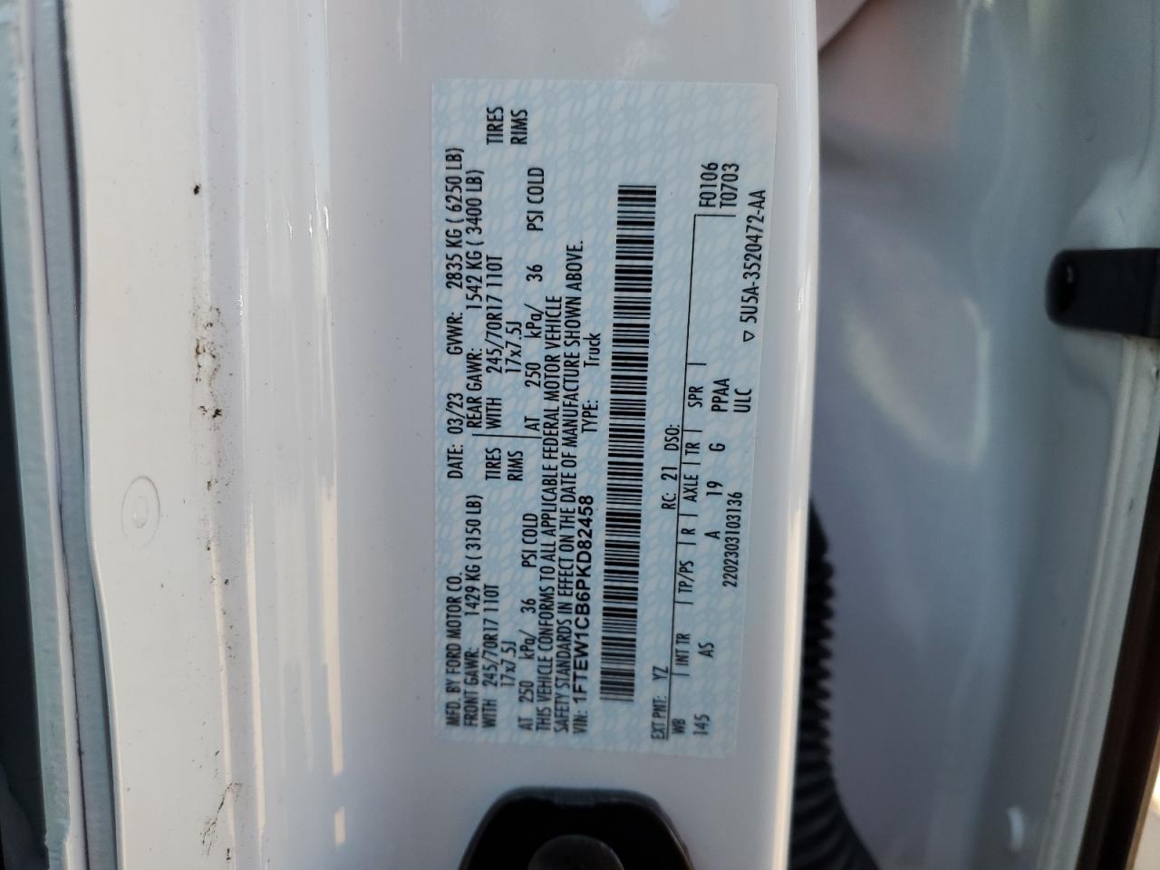 2023 FORD F150 SUPERCREW VIN:1FTEW1CB6PKD82458