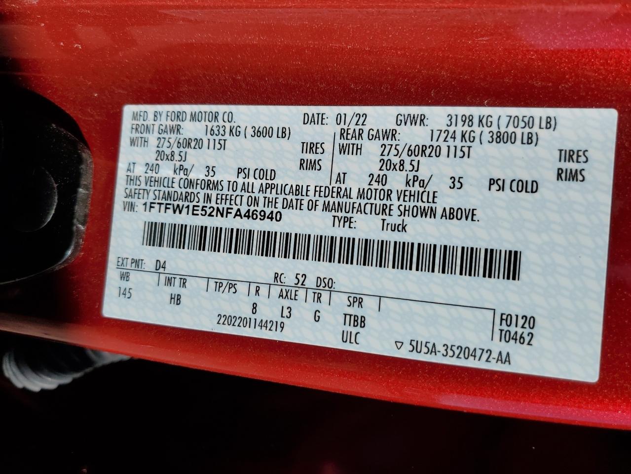 2022 FORD F150 SUPERCREW VIN:1FTFW1E52NFA46940