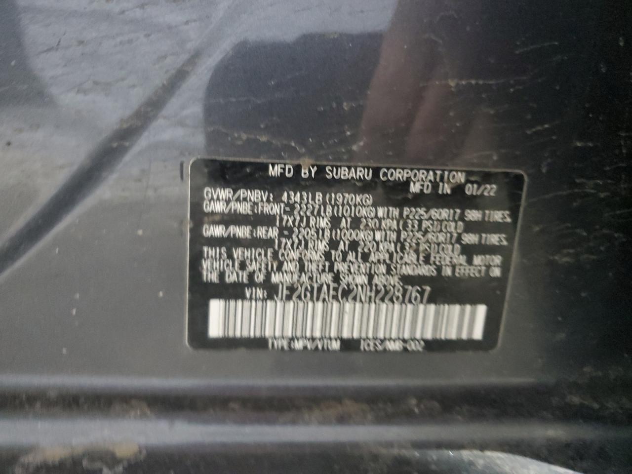 2022 SUBARU CROSSTREK PREMIUM VIN:JF2GTAEC2NH228767