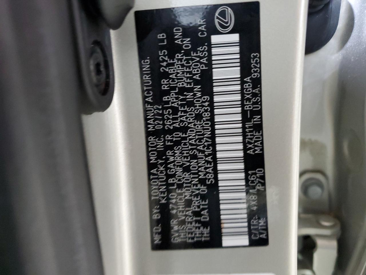 2022 LEXUS ES 300H BASE VIN:58AEA1C17NU018349