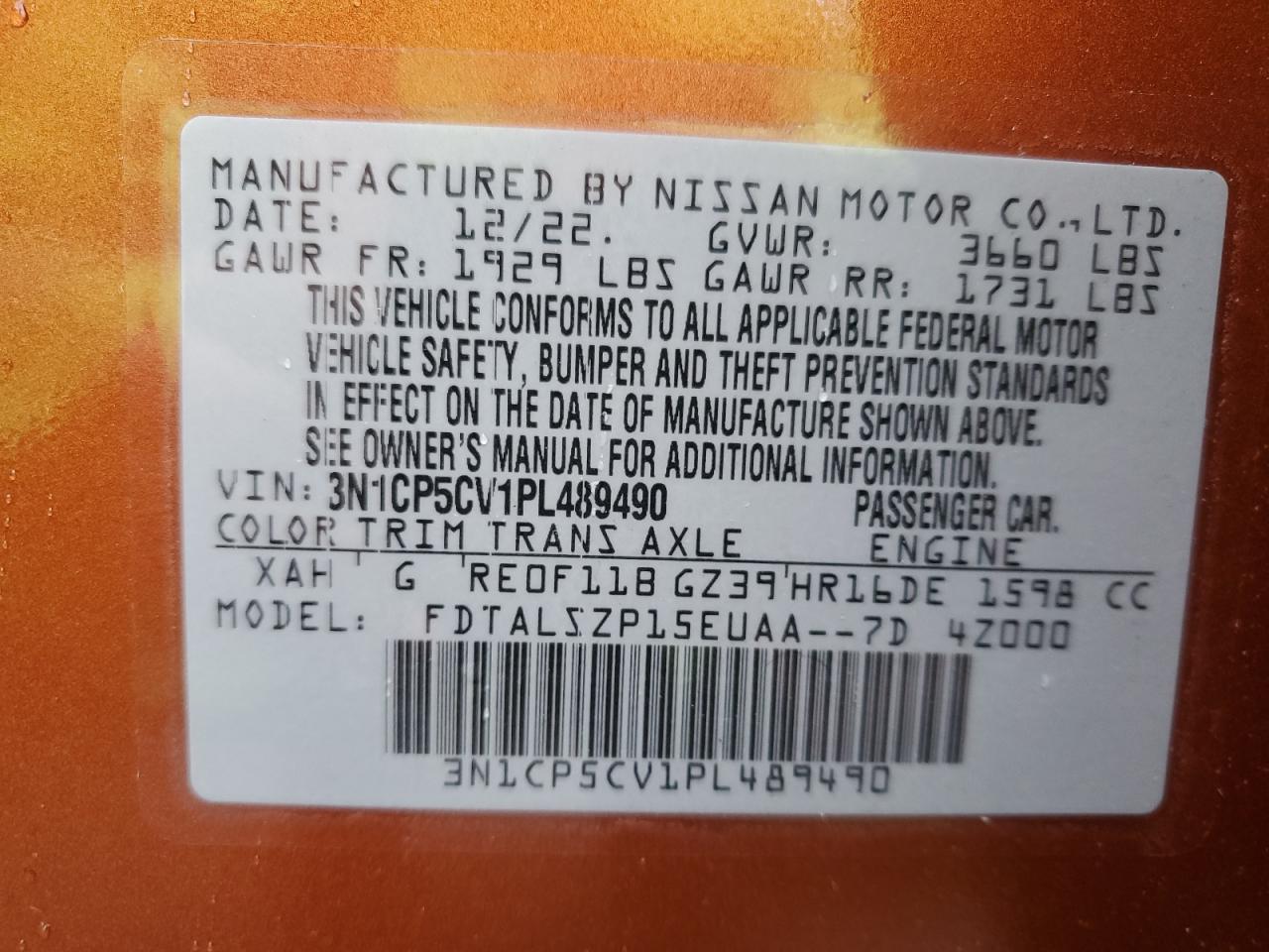 2023 NISSAN KICKS SV VIN:3N1CP5CV1PL489490