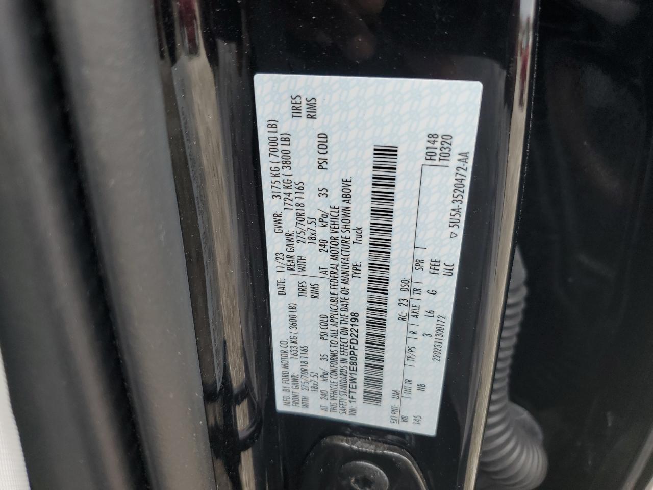 2023 FORD F150 SUPERCREW VIN:1FTEW1E80PFD22198