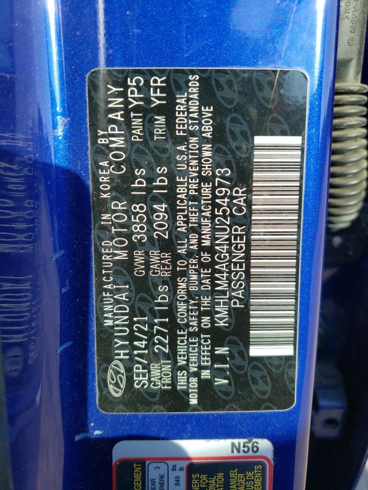 2022 HYUNDAI ELANTRA SEL VIN:KMHLM4AG4NU254973