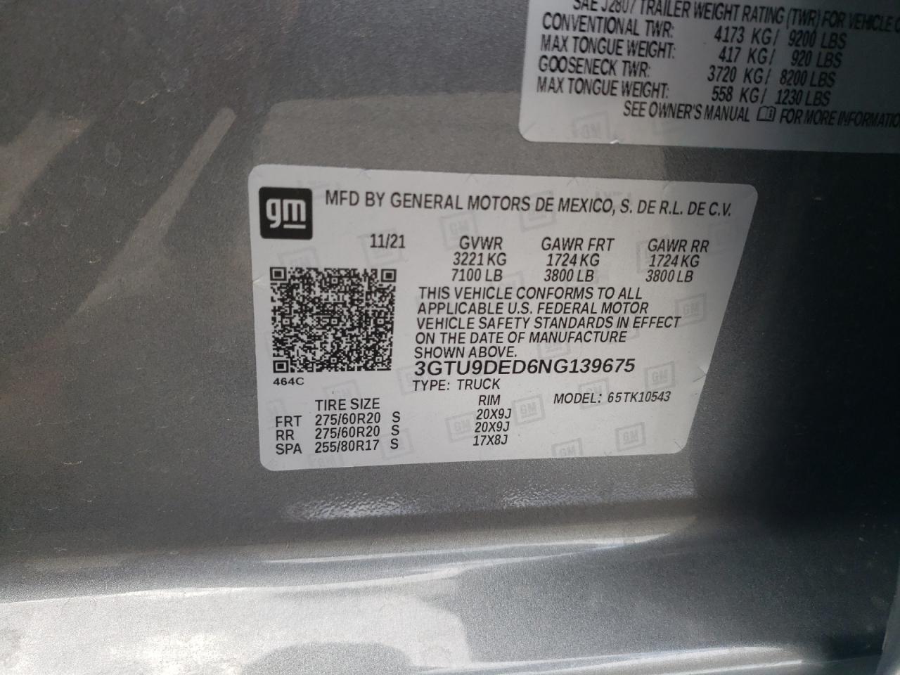 2022 GMC SIERRA LIMITED K1500 SLT VIN:3GTU9DED6NG139675