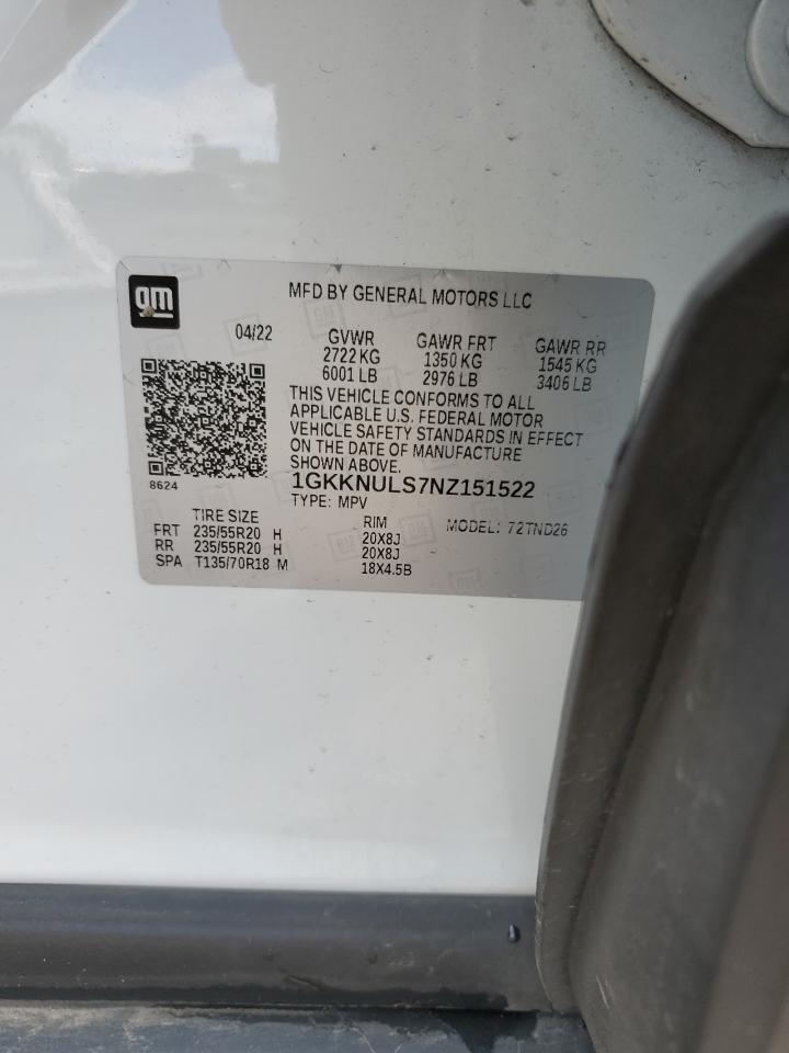 2022 GMC ACADIA SLT VIN:1GKKNULS7NZ151522