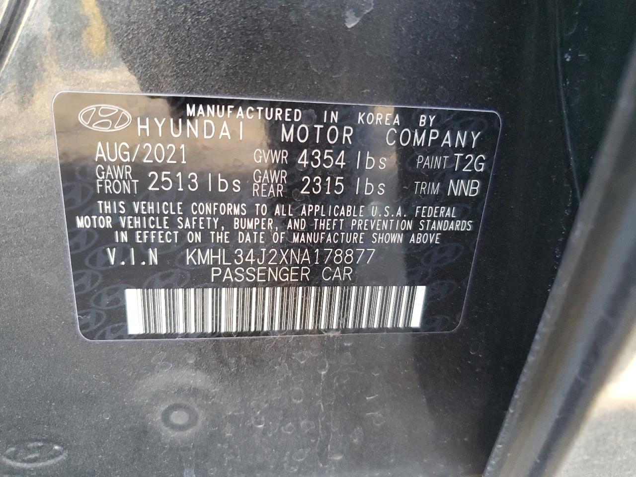 2022 HYUNDAI SONATA LIMITED VIN:KMHL34J2XNA178877