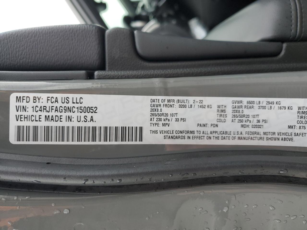 2022 JEEP GRAND CHEROKEE LAREDO E VIN:1C4RJFAG9NC150052