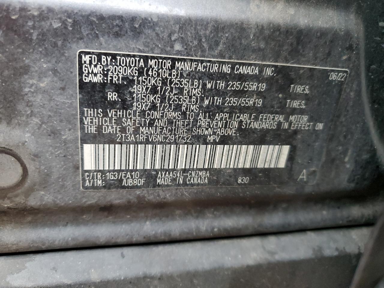 2022 TOYOTA RAV4 XLE PREMIUM VIN:2T3A1RFV6NC291732