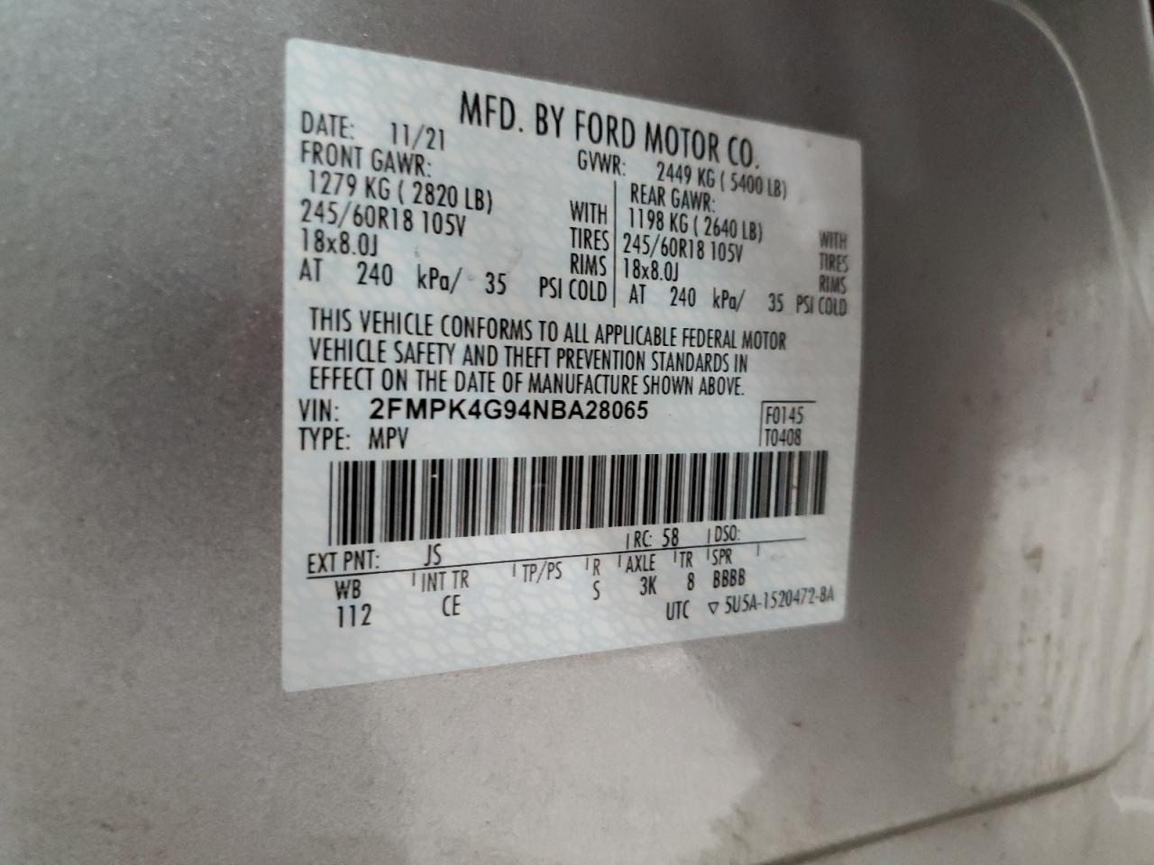 2022 FORD EDGE SE VIN:2FMPK4G94NBA28065