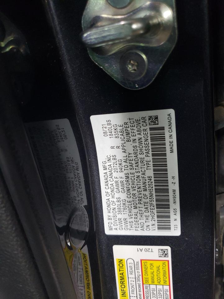 2022 HONDA CIVIC SPORT VIN:2HGFE2F55NH525246