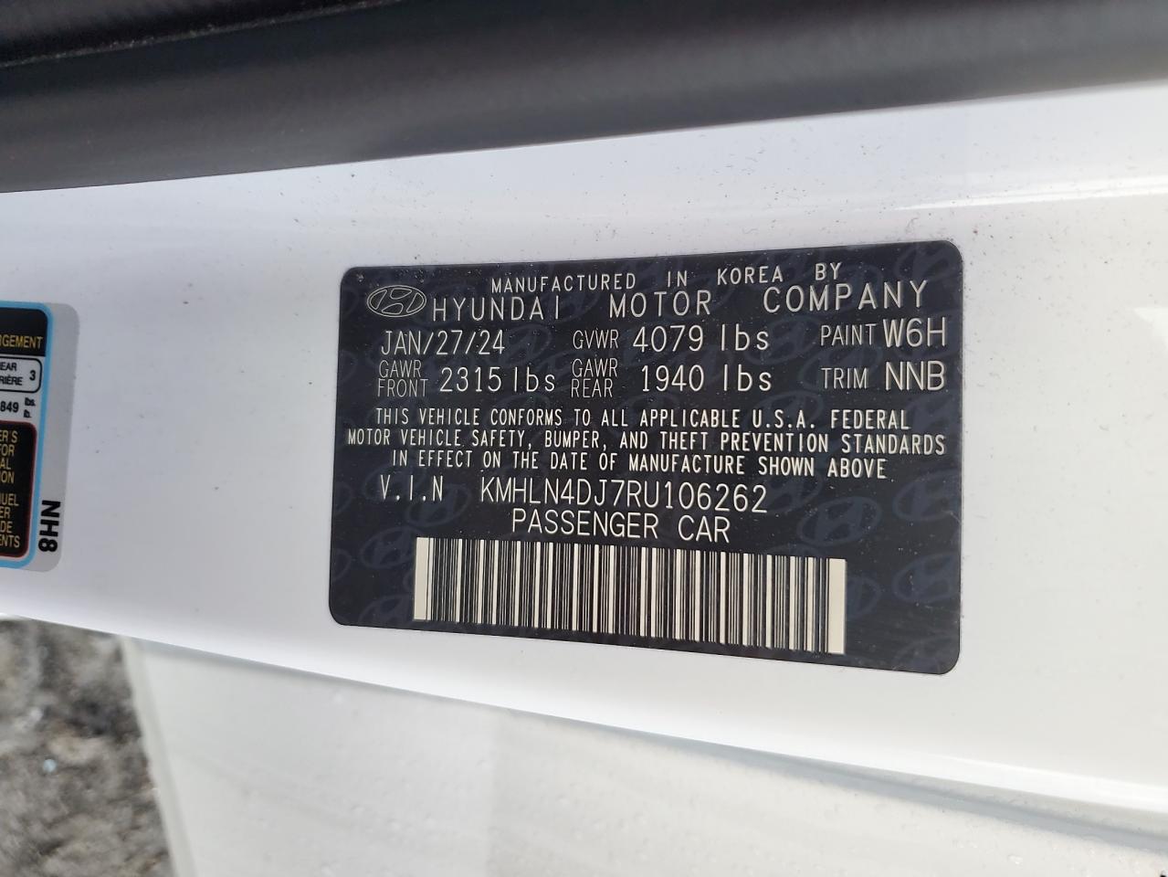 2024 HYUNDAI ELANTRA LIMITED VIN:KMHLN4DJ7RU106262