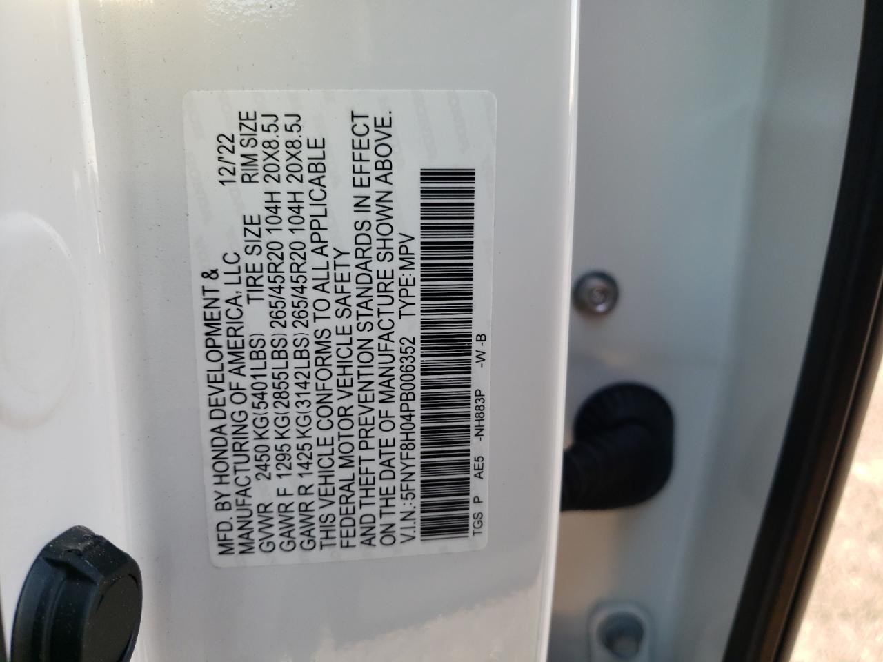 2023 HONDA PASSPORT ELITE VIN:5FNYF8H04PB006352