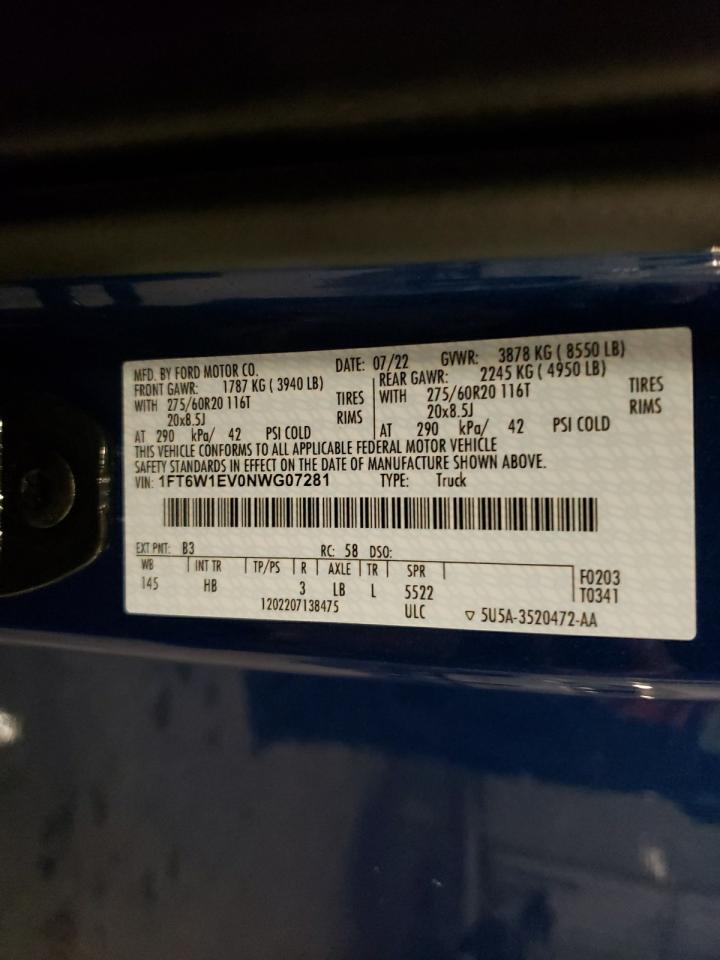 2022 FORD F150 LIGHTNING PRO VIN:1FT6W1EV0NWG07281