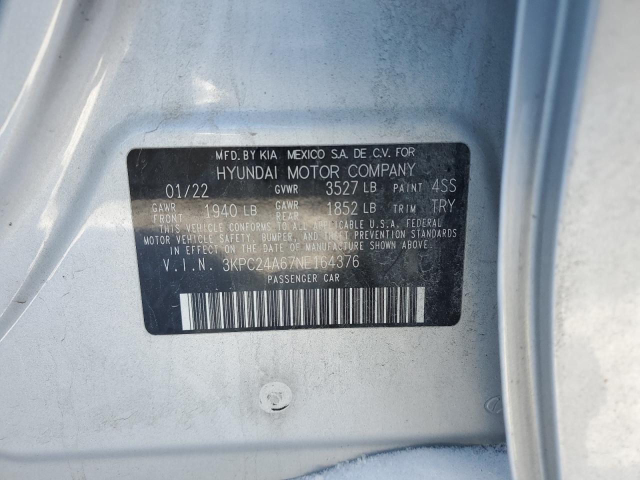 2022 HYUNDAI ACCENT SE VIN:3KPC24A67NE164376