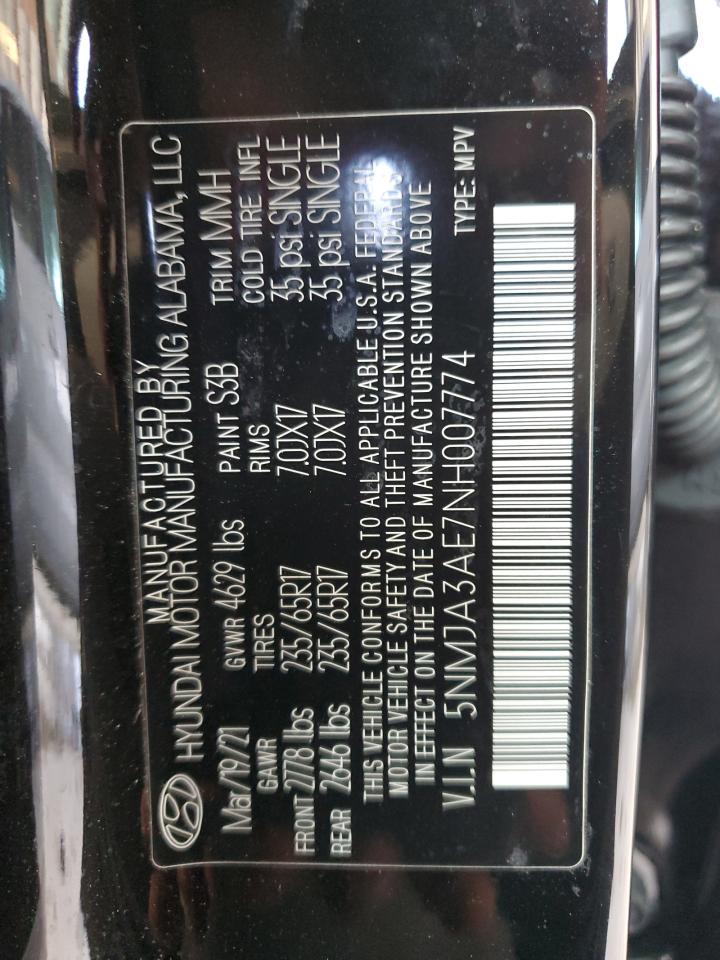 2022 HYUNDAI TUCSON SE VIN:5NMJA3AE7NH007774