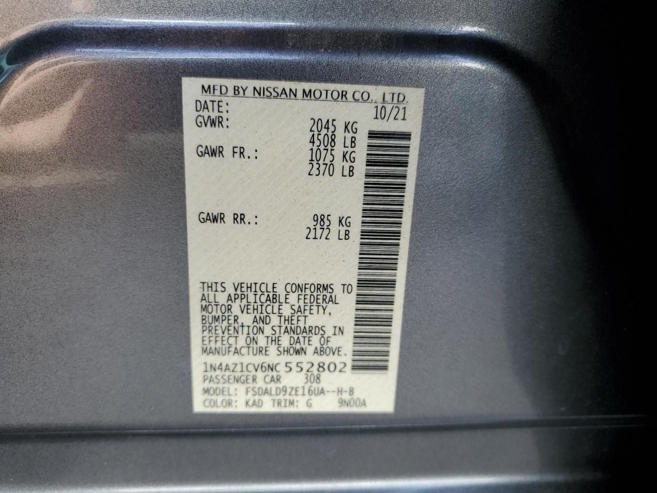 2022 NISSAN LEAF SV VIN:1N4AZ1CV6NC552802