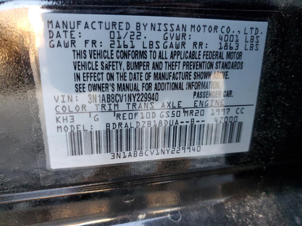 2022 NISSAN SENTRA SV VIN:3N1AB8CV1NY229940