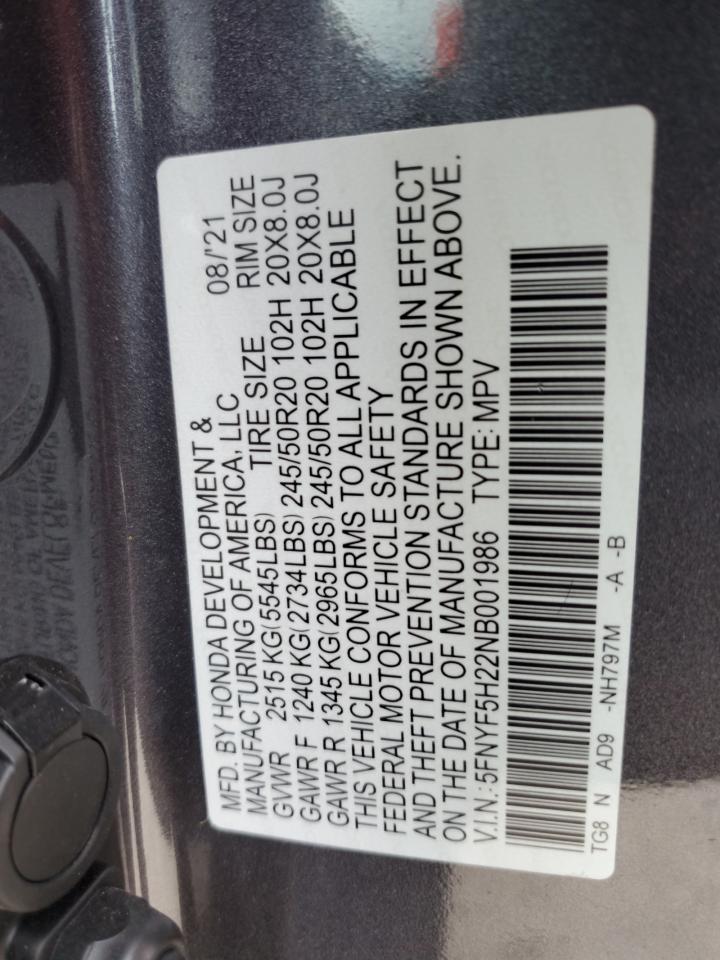 2022 HONDA PILOT SE VIN:5FNYF5H22NB001986