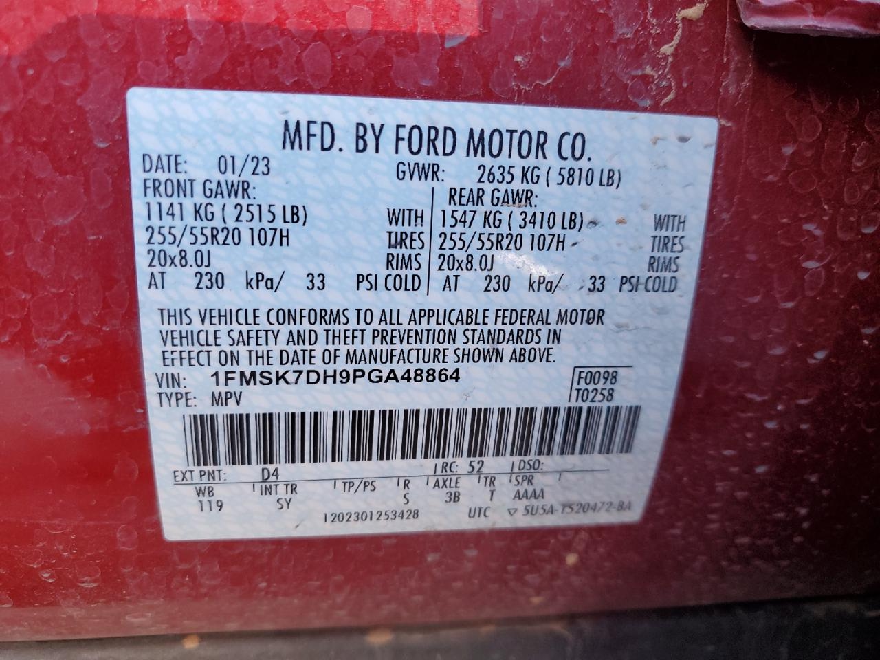 2023 FORD EXPLORER XLT VIN:1FMSK7DH9PGA48864