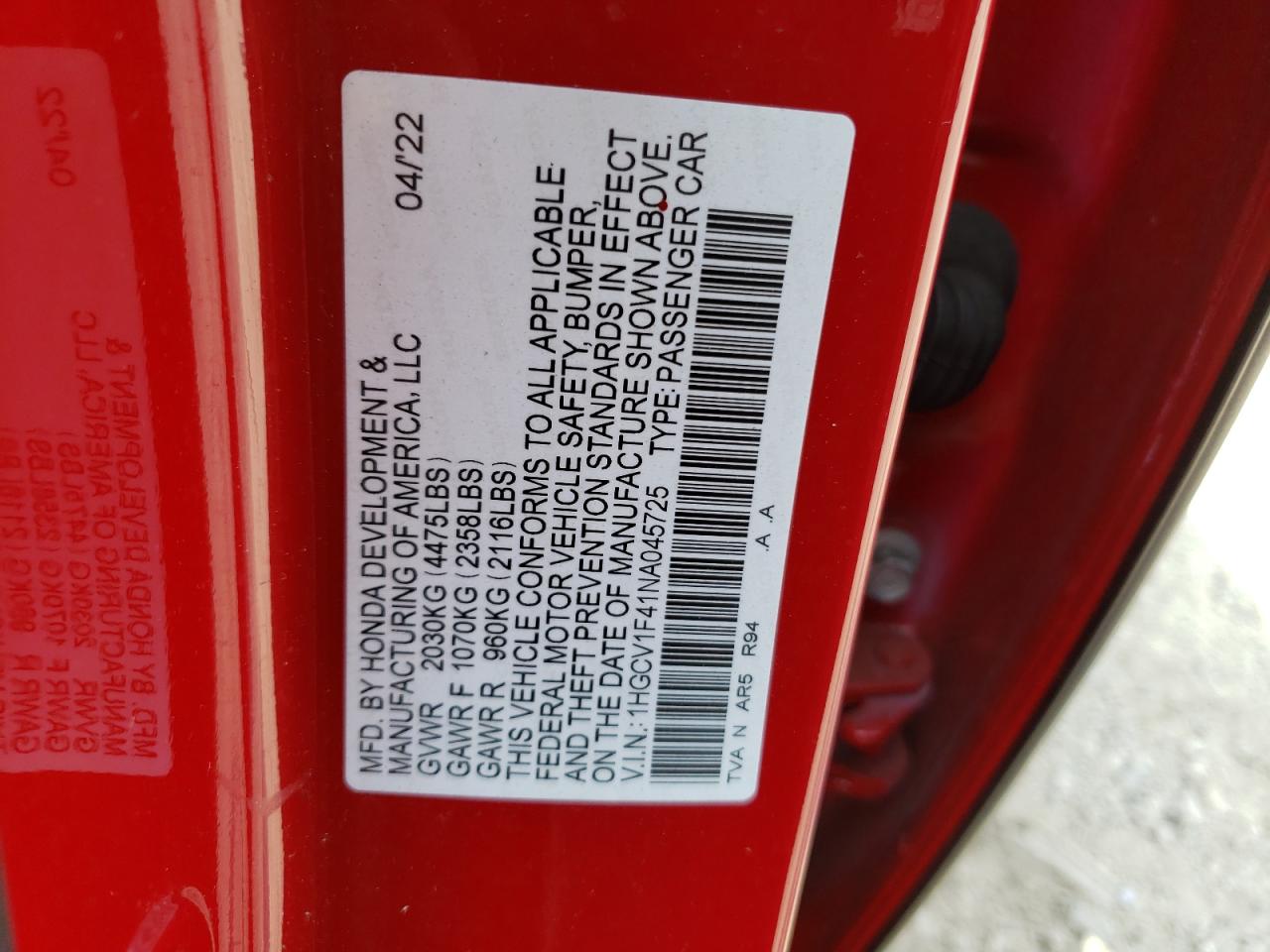 2022 HONDA ACCORD SPORT SE VIN:1HGCV1F41NA045725