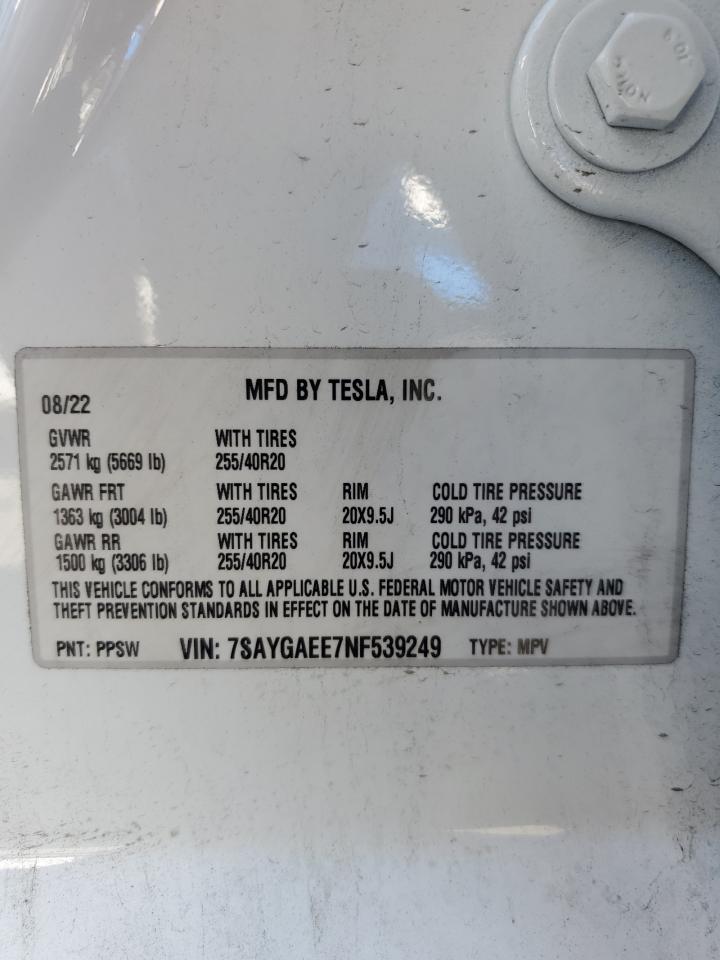 2022 TESLA MODEL Y  VIN:7SAYGAEE7NF539249