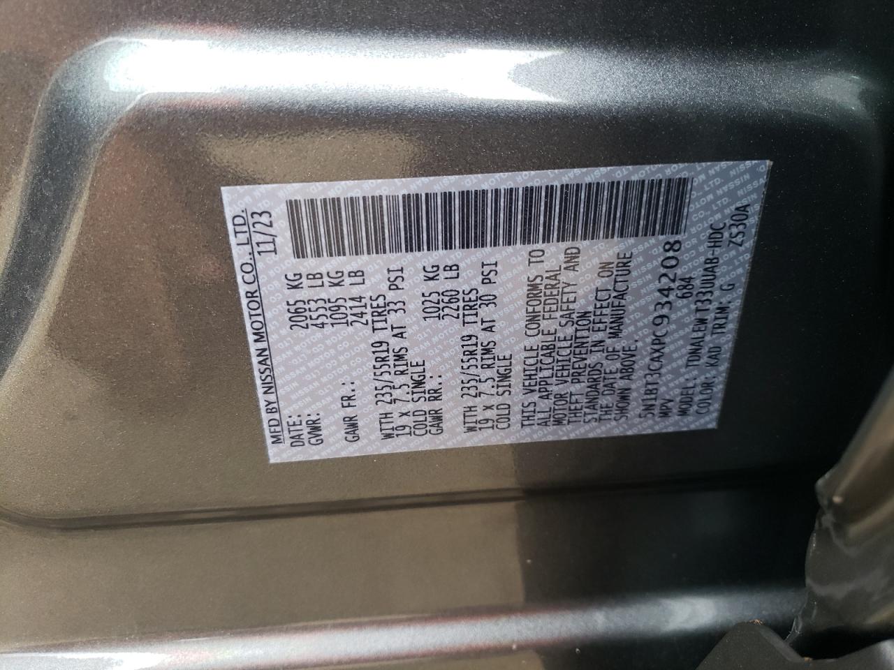 2023 NISSAN ROGUE SL VIN:5N1BT3CAXPC934208