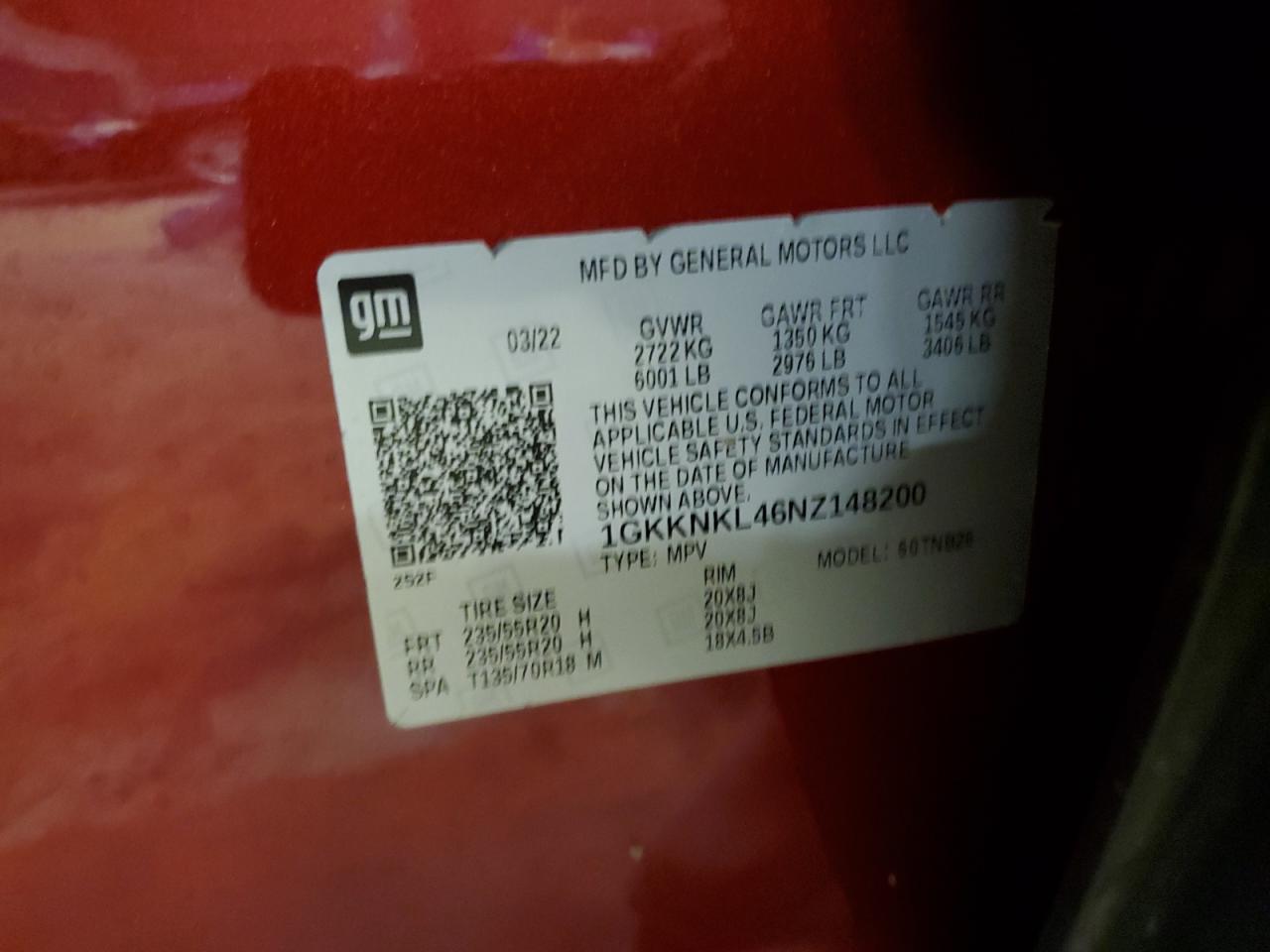 2022 GMC ACADIA SLE VIN:1GKKNKL46NZ148200