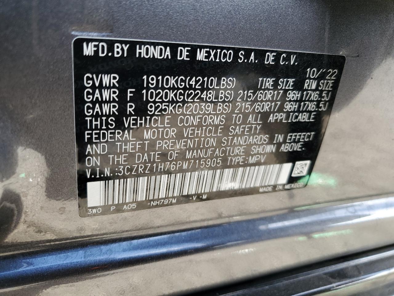 2023 HONDA HR-V EXL VIN:JTEZU14RX8K018768