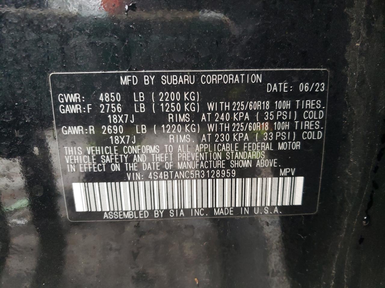 2024 SUBARU OUTBACK LIMITED VIN:4S4BTANC5R3128959