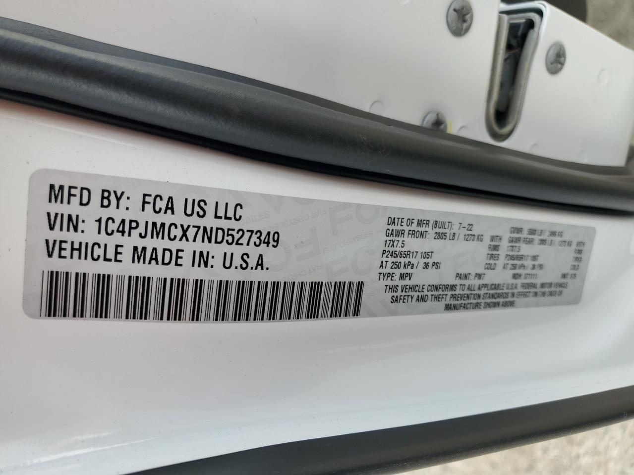 2022 JEEP CHEROKEE LATITUDE VIN:1C4PJMCX7ND527349